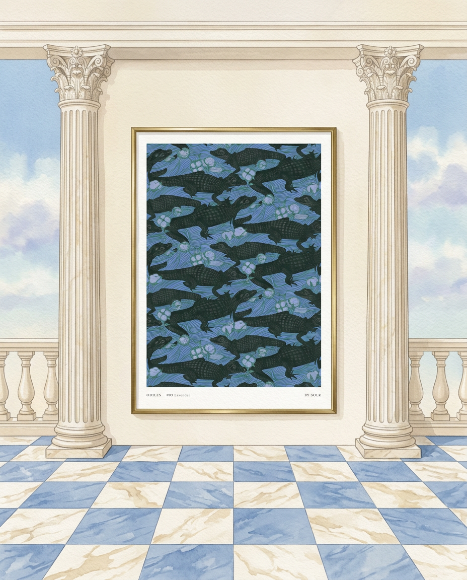 Framed crocodile artwork with a blue and black pattern on a wall with columns and a checkered floor.